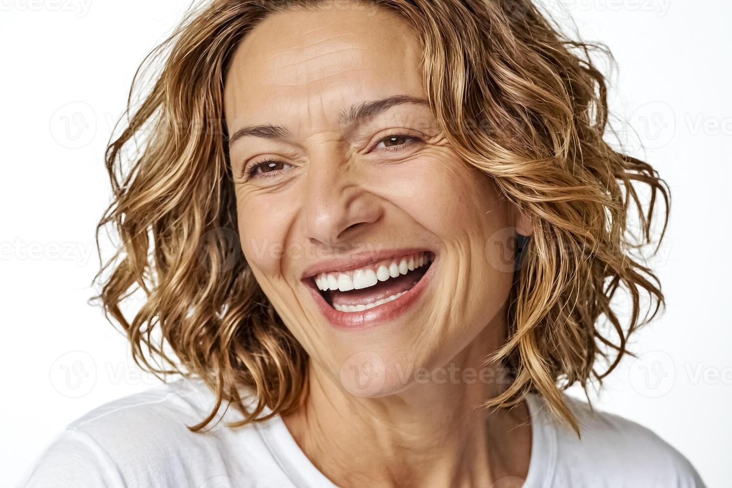 Portrait of a beautiful woman with blonde hair laughing photo