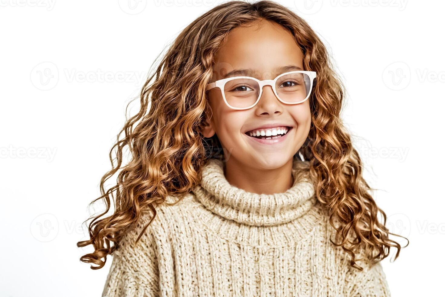 Portrait of a happy young girl with curly hair and glasses photo