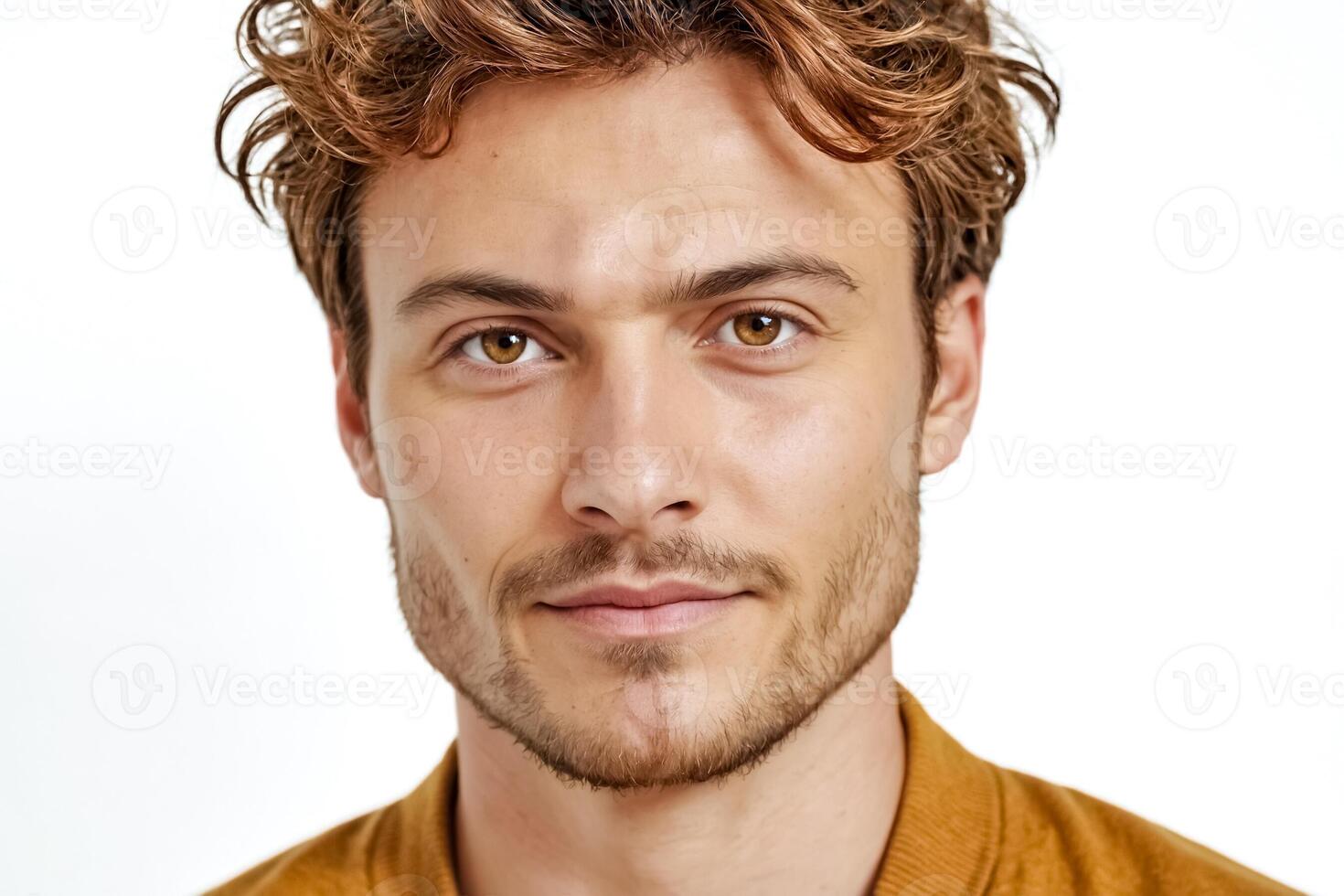 Close-up Portrait of a Young Man with Wavy Brown Hair photo