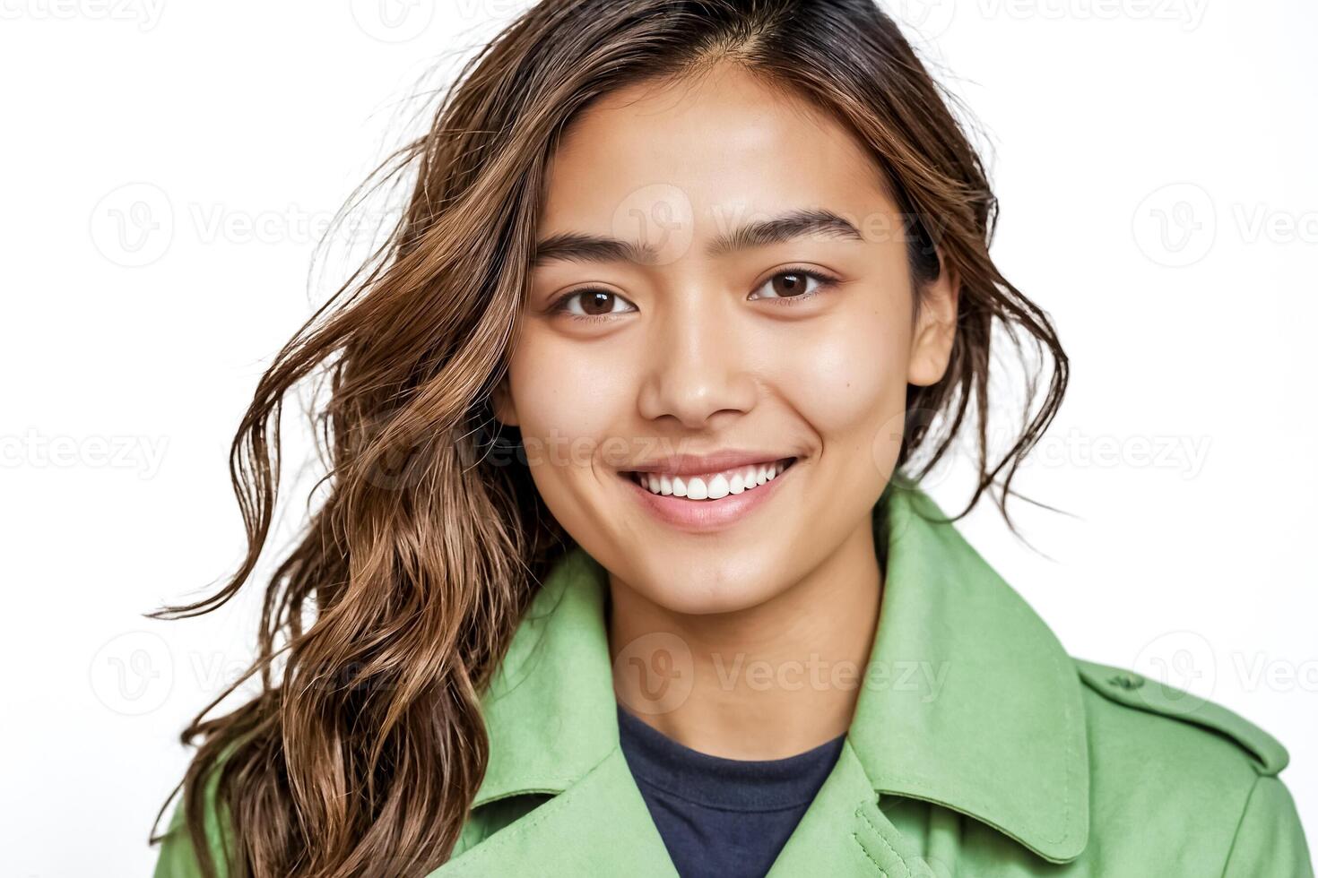 Portrait of a Beautiful Young Woman with Long Brown Hair Wearing a Green Jacket photo