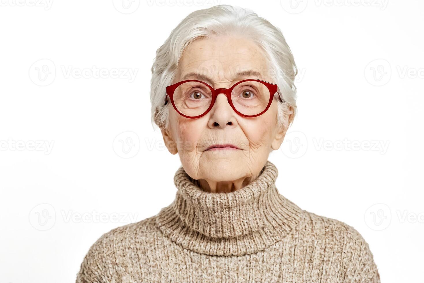 Close-up Portrait of a Senior Woman with White Hair and Red Glasses photo