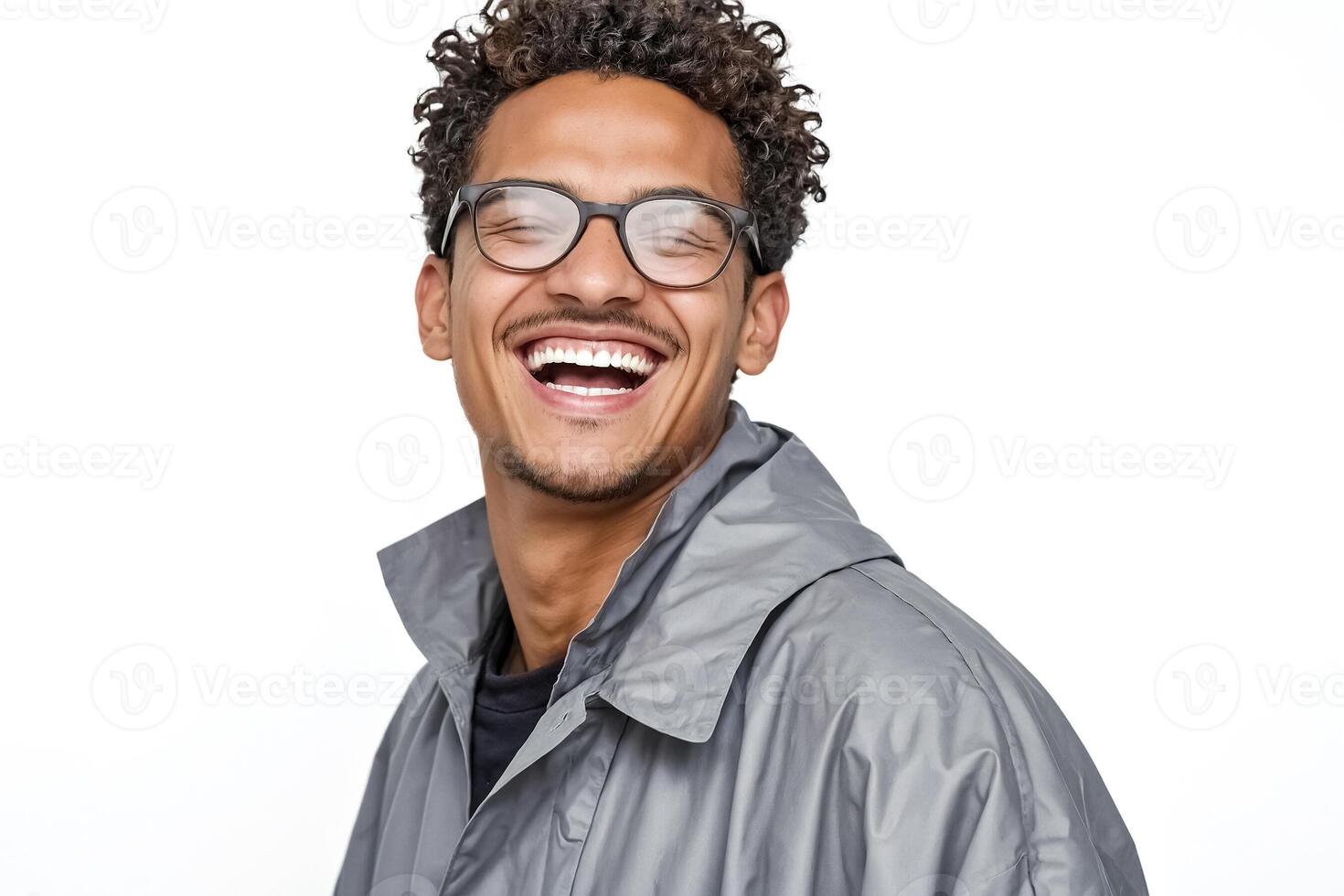 Happy Man Wearing Grey Jacket and Glasses photo