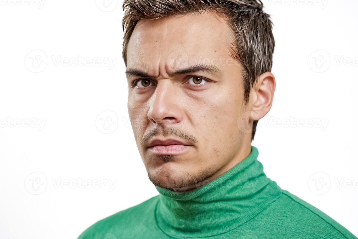 Close up portrait of young man with skeptical expression photo