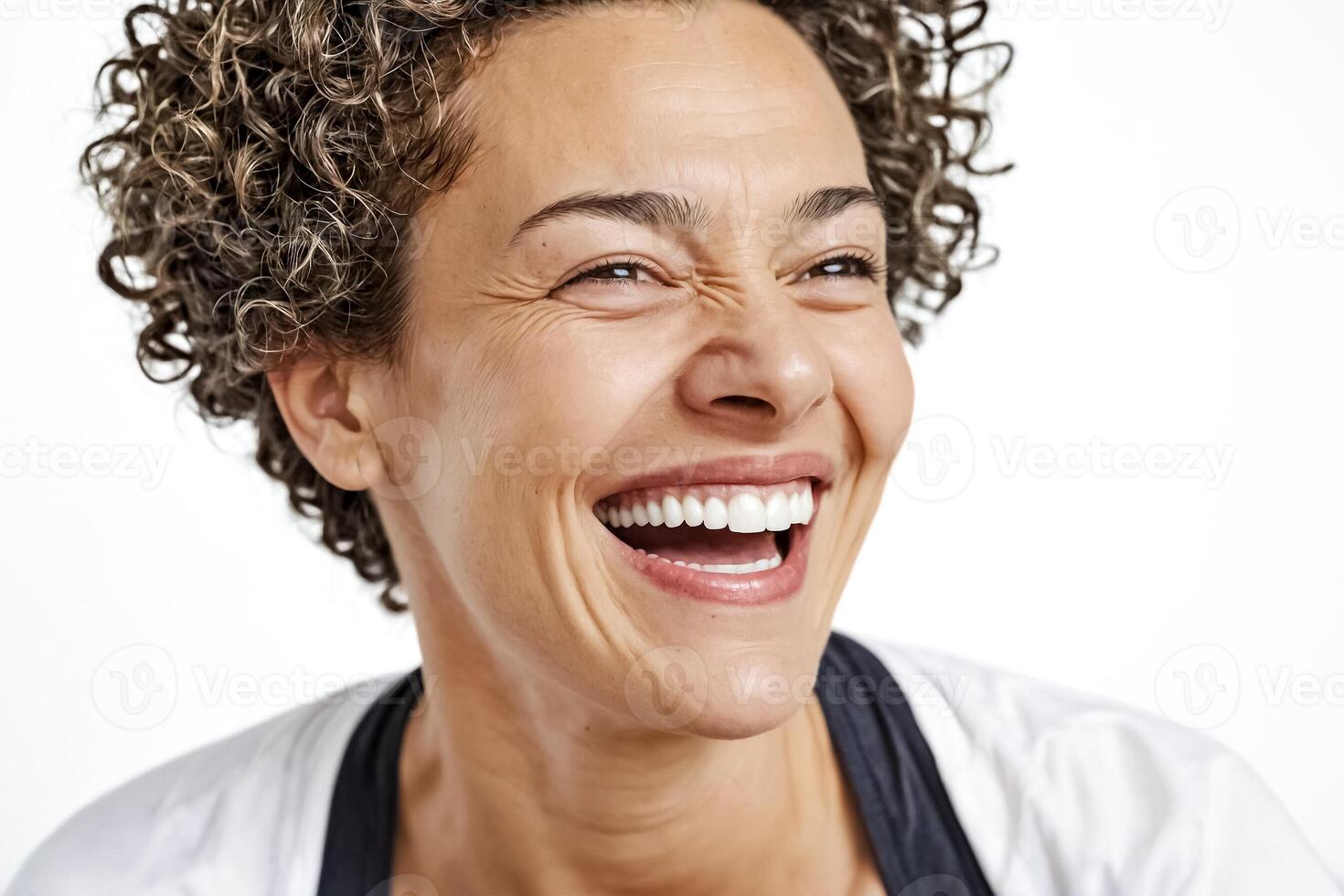 Portrait of a Woman with Curly Hair Laughing photo