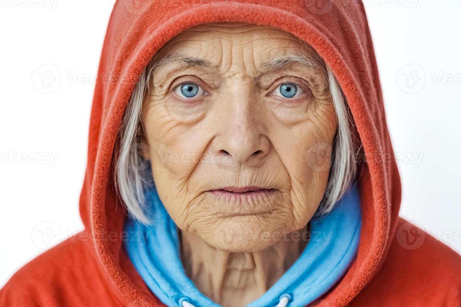 Close-up portrait of a senior woman wearing a red hoodie photo