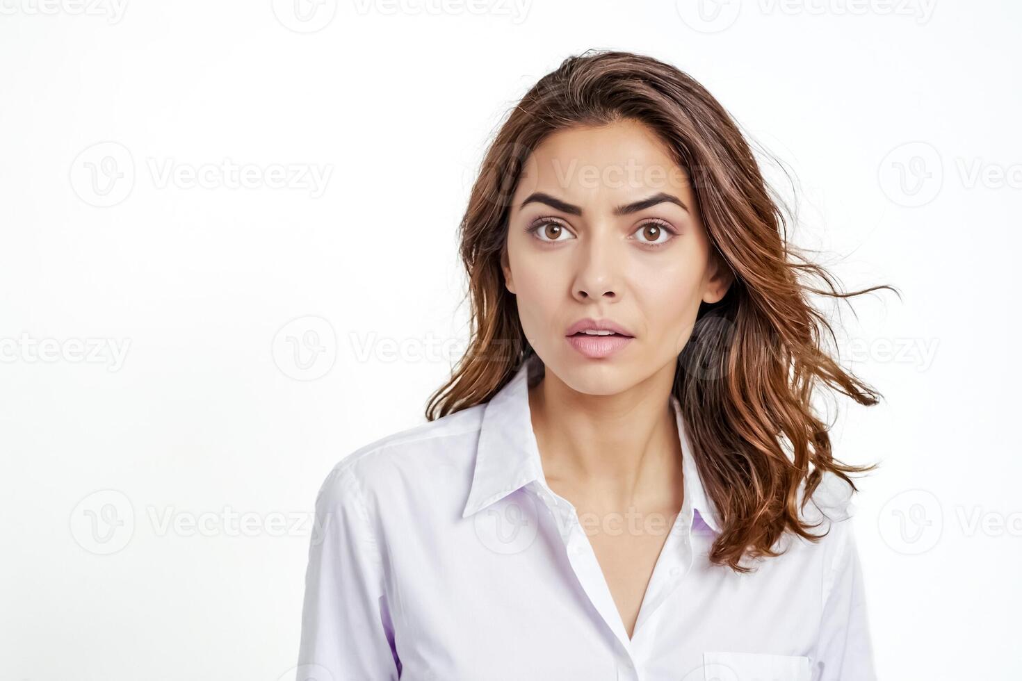 Young Woman Looking Surprised with Open Mouth, White Background photo