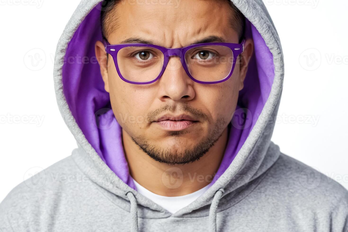 Close-up portrait of a young man in a grey hoodie with purple lining photo