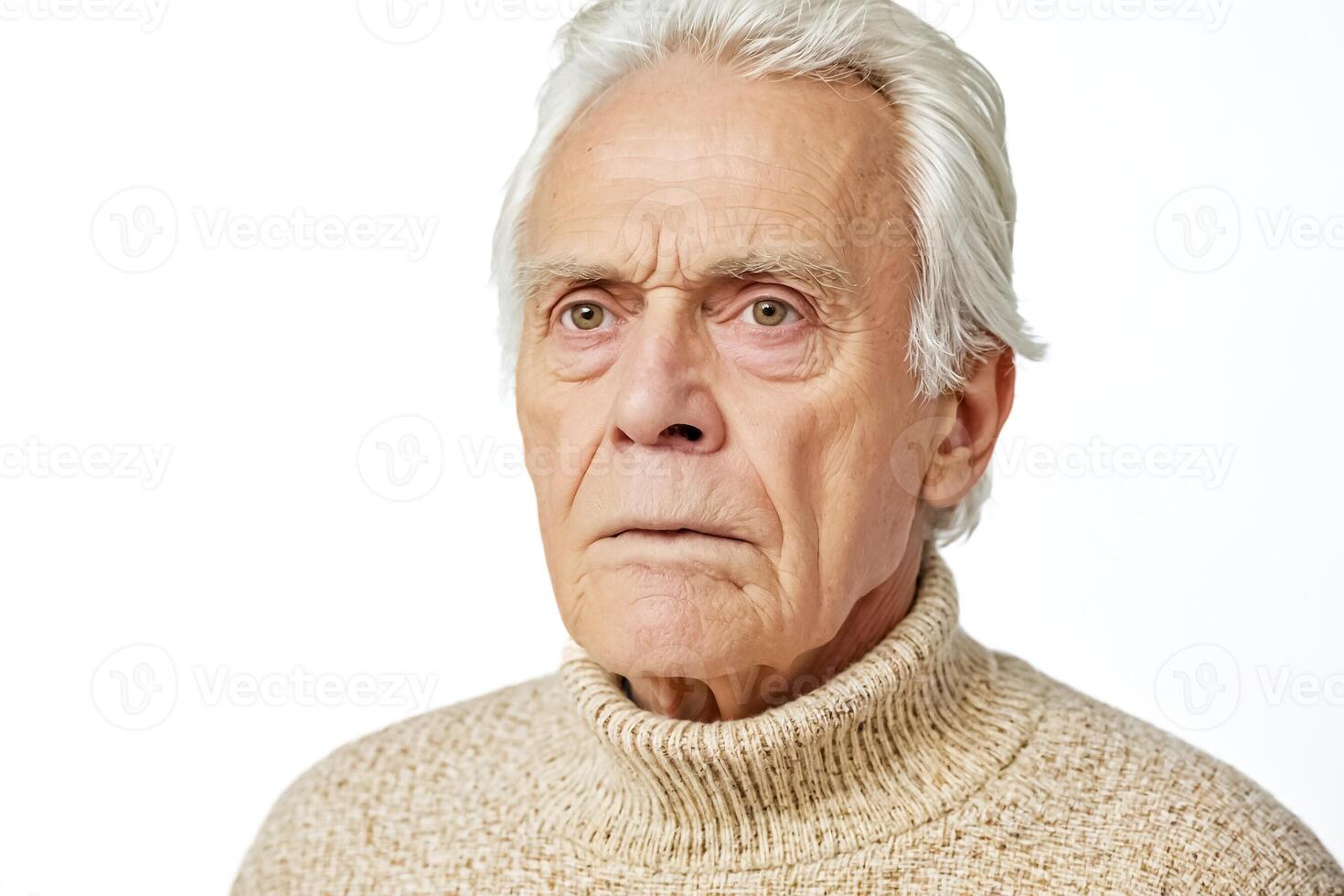Elderly Man with Wrinkled Face and Grey Hair Wearing a Beige Sweater photo