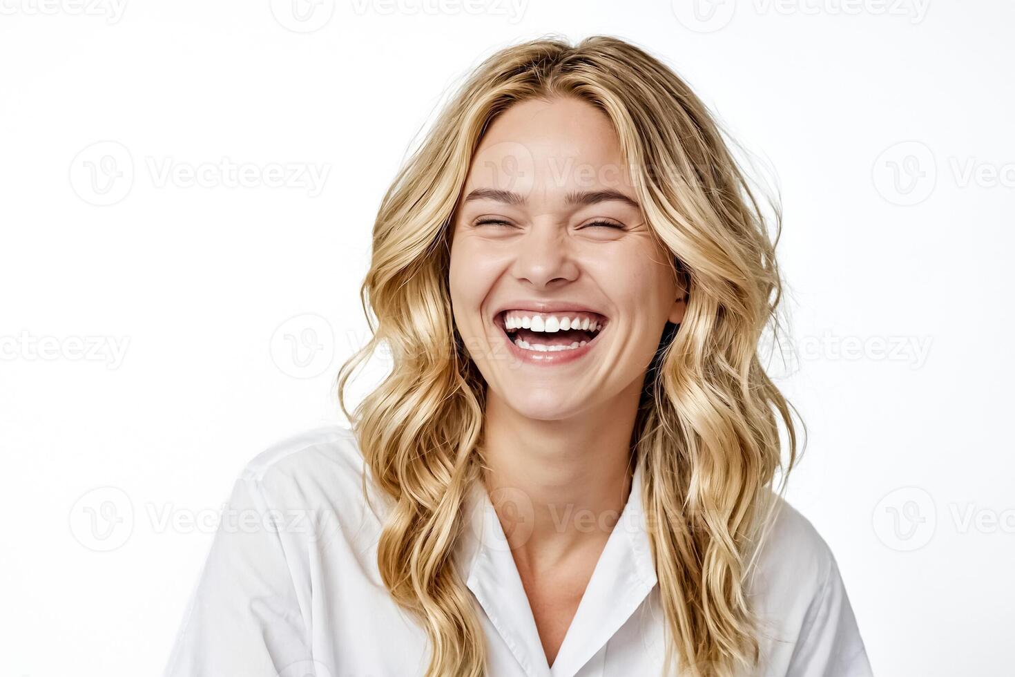 Blonde woman laughs joyfully with white background photo