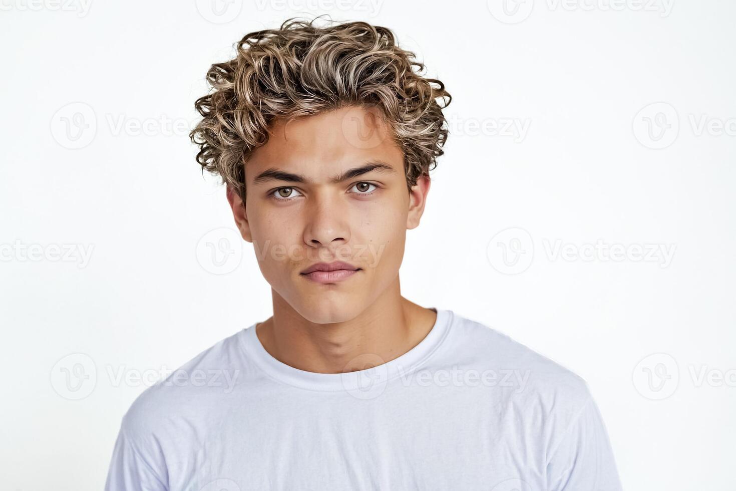 Young Man With Curly Hair Looking Straight Ahead photo