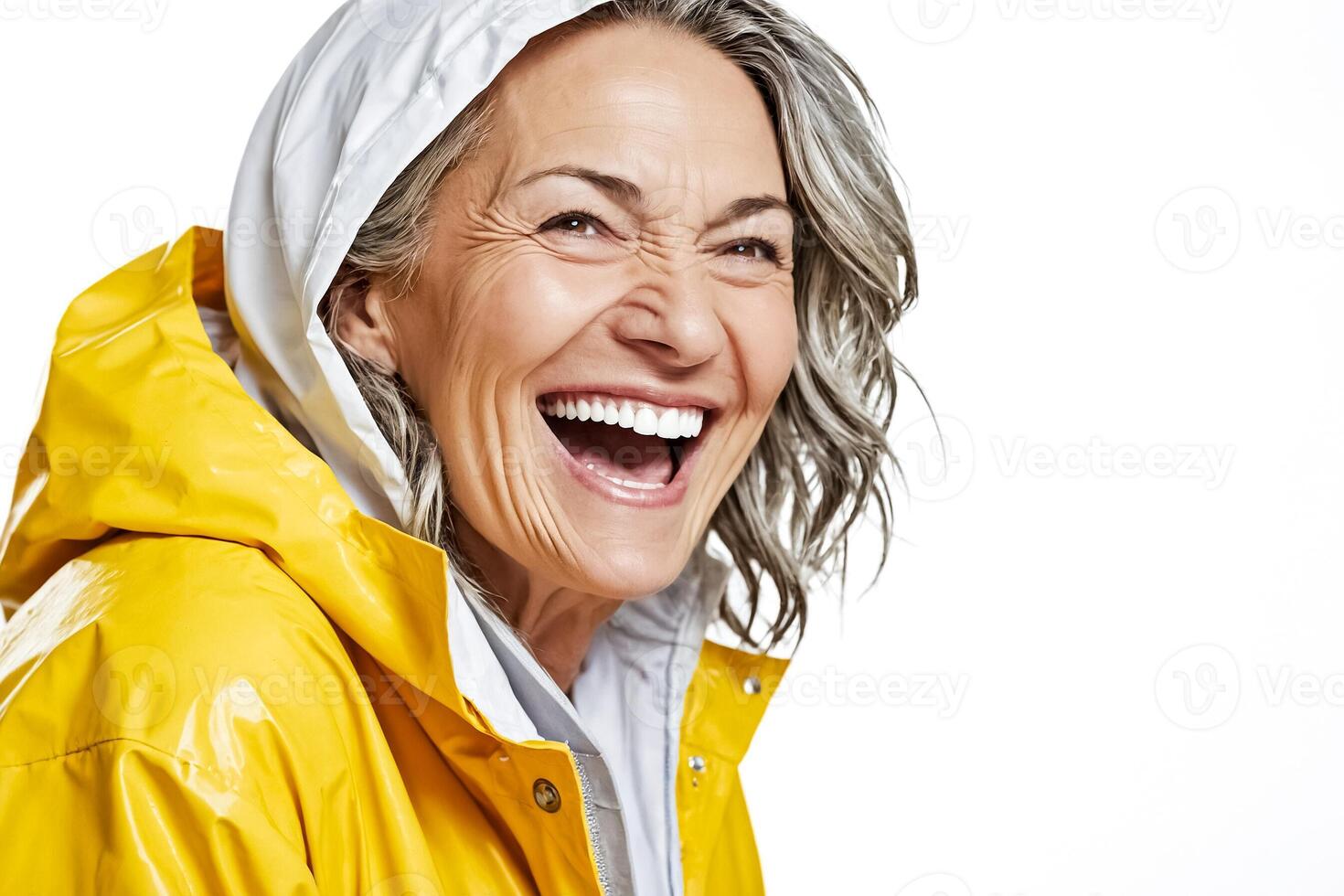 Mature woman in yellow raincoat laughing photo