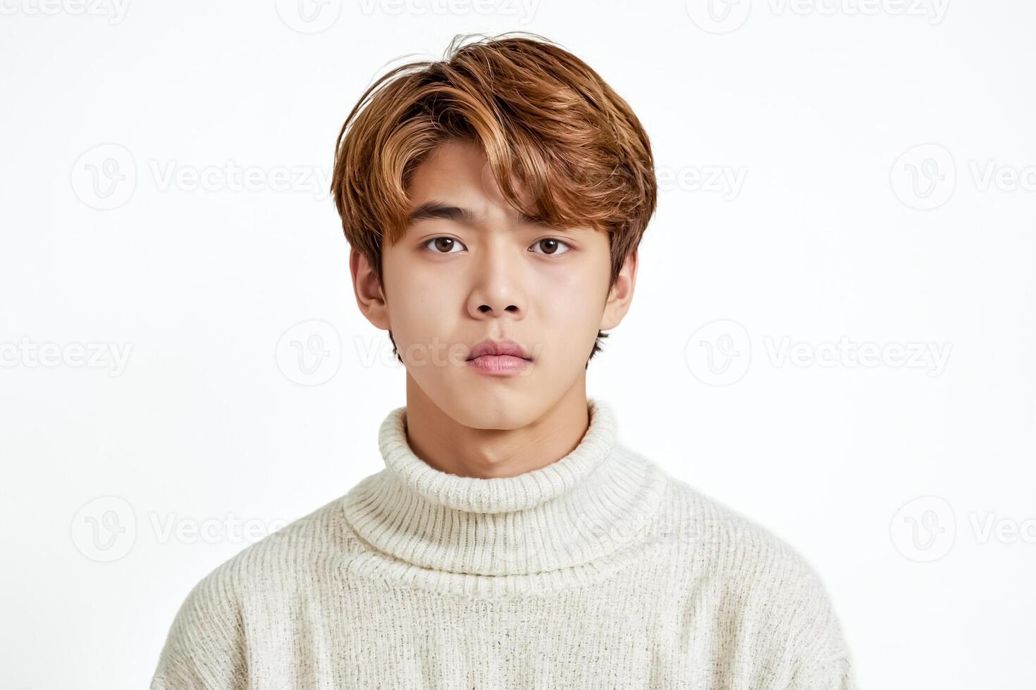 Young man in a white sweater looking at the camera photo