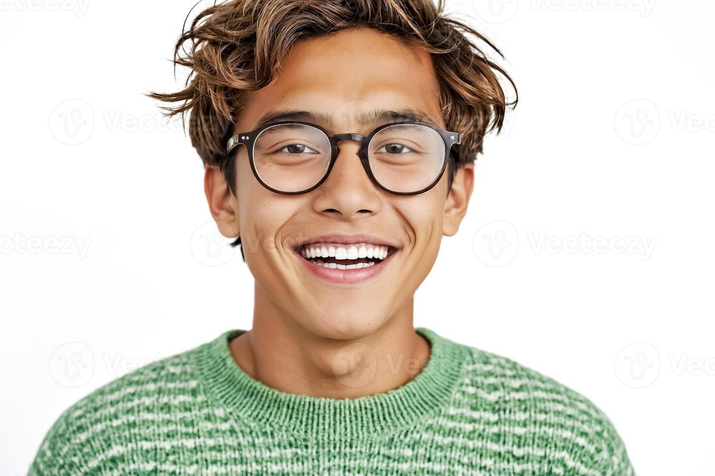 Close-up Portrait of a Smiling Young Man Wearing Glasses photo