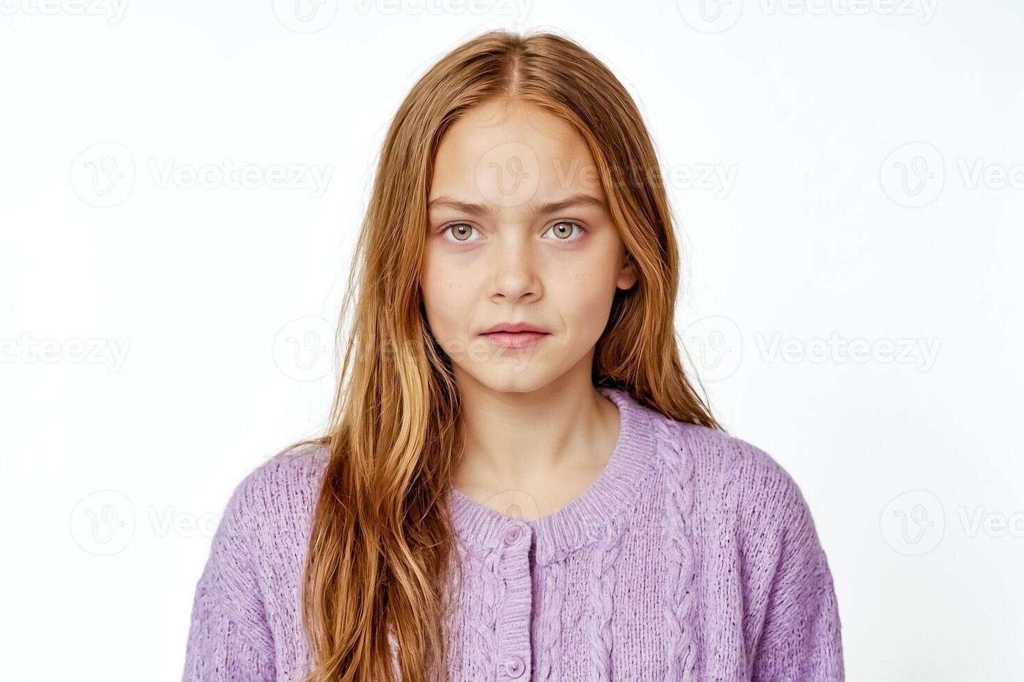 Portrait of a Young Girl with Long Blonde Hair Wearing a Lavender Sweater photo