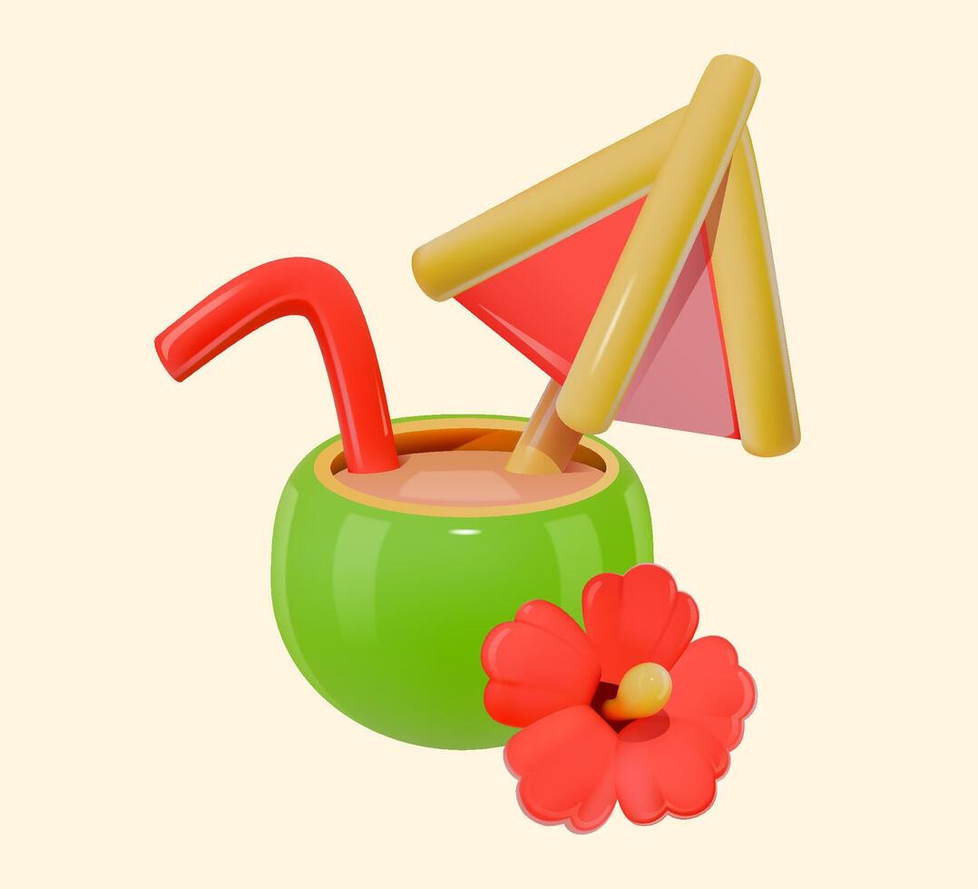 3D Tropical Drink in Coconut With Straw and Umbrella vector