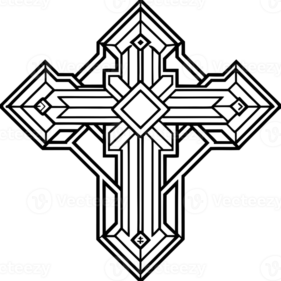 A black and white geometric design of a cross features intricate lines png