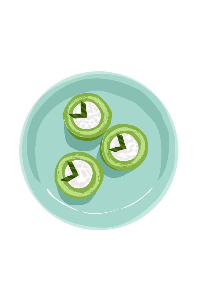 Illustration of Coconut cream cake green on a blue plate vector