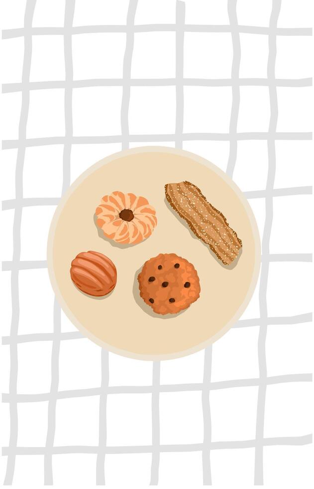 illustration type of biscuit on a plate and square tablecloth vector