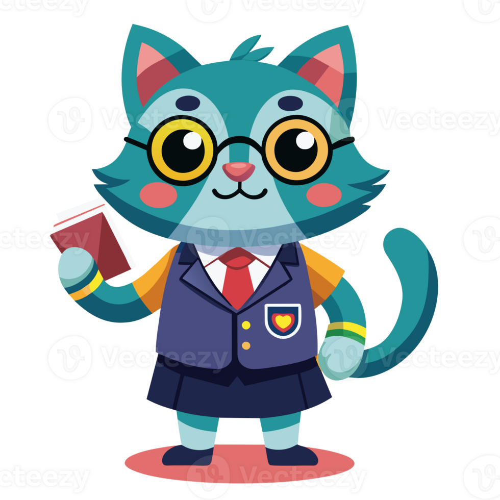 A anthropomorphic cat character, dressed in a school uniform, stands with a book in hand and a cheerful expression on its face png