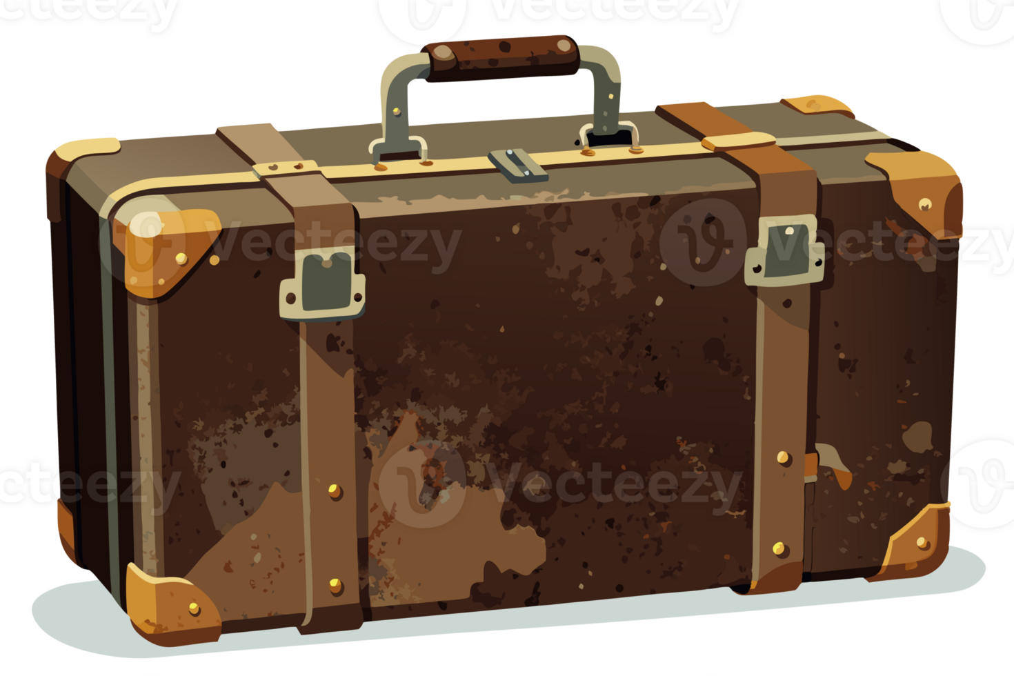 A vintage suitcase with a worn, brown leather exterior featuring metal reinforcements at the corners png