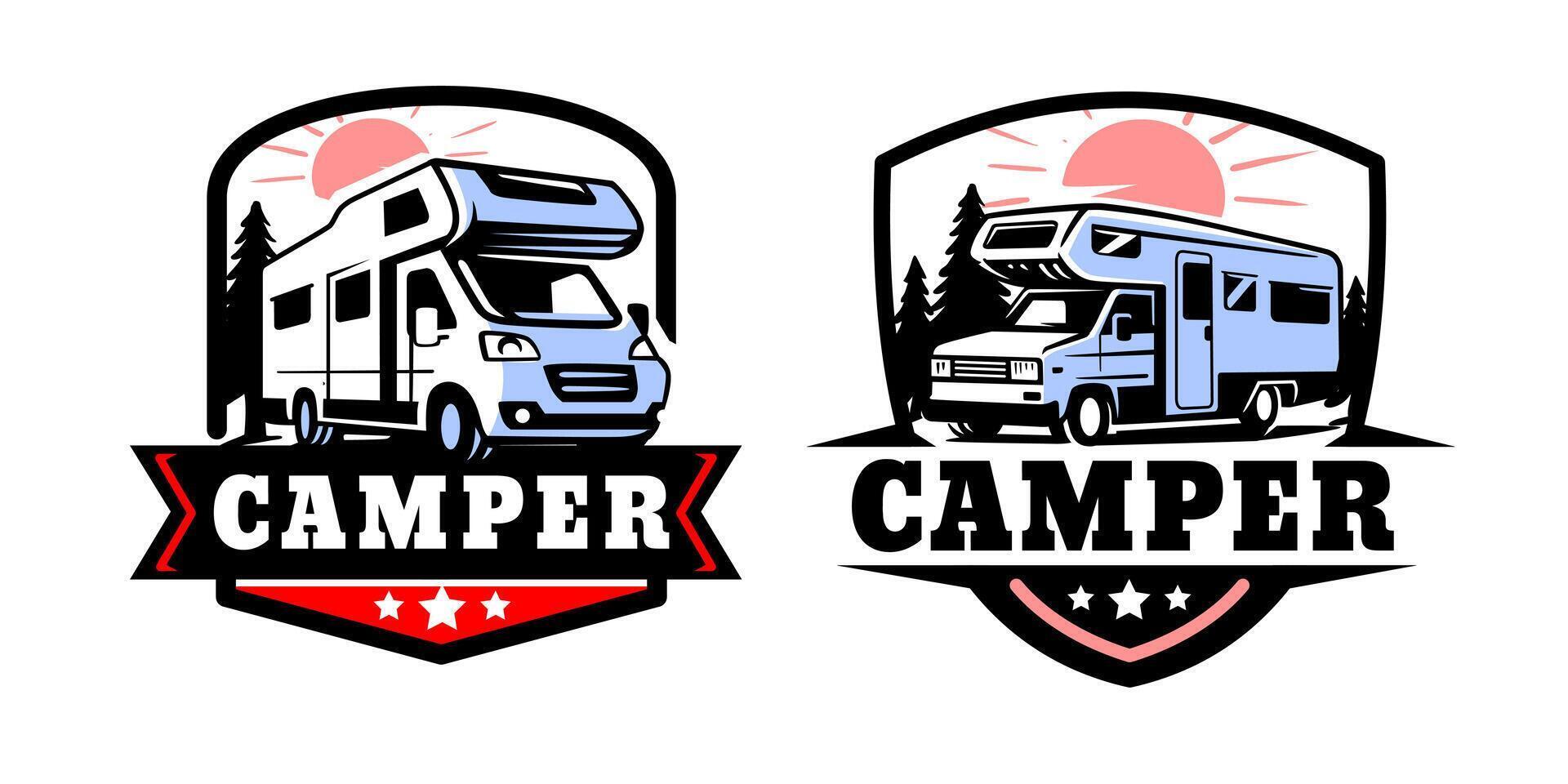 Campervan logo on white background. Emblem set vector