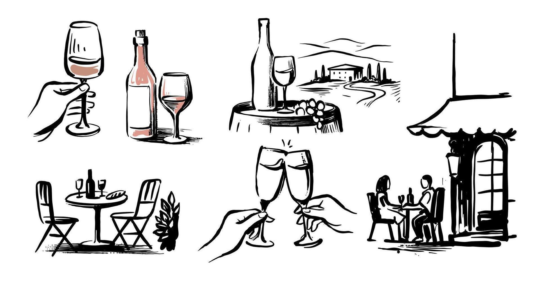 Set glasses with red wine. Winery theme. Cafe vector