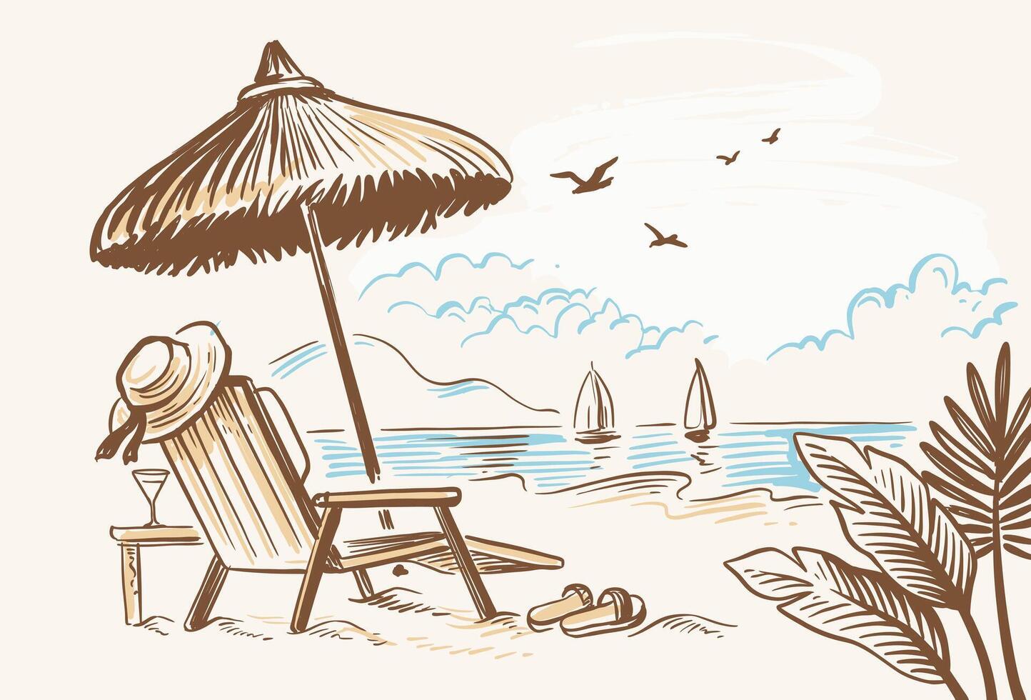 Beach chair with umbrella. Vintage drawing. vector