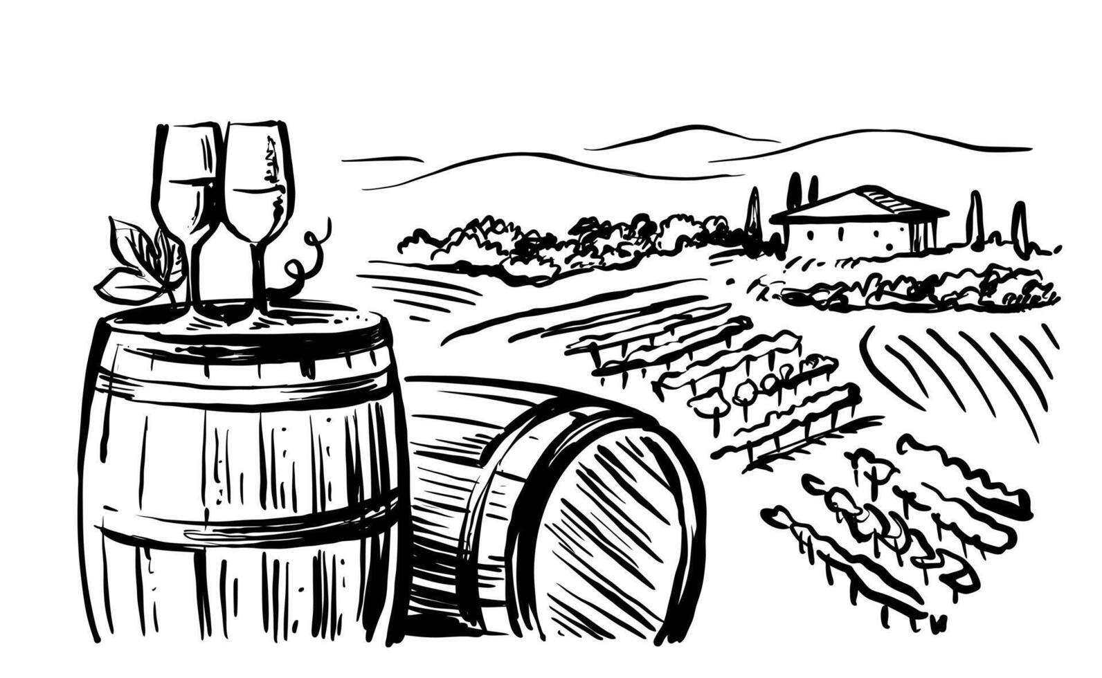 Vineyard landscape hand drawn with wine barrel. vector