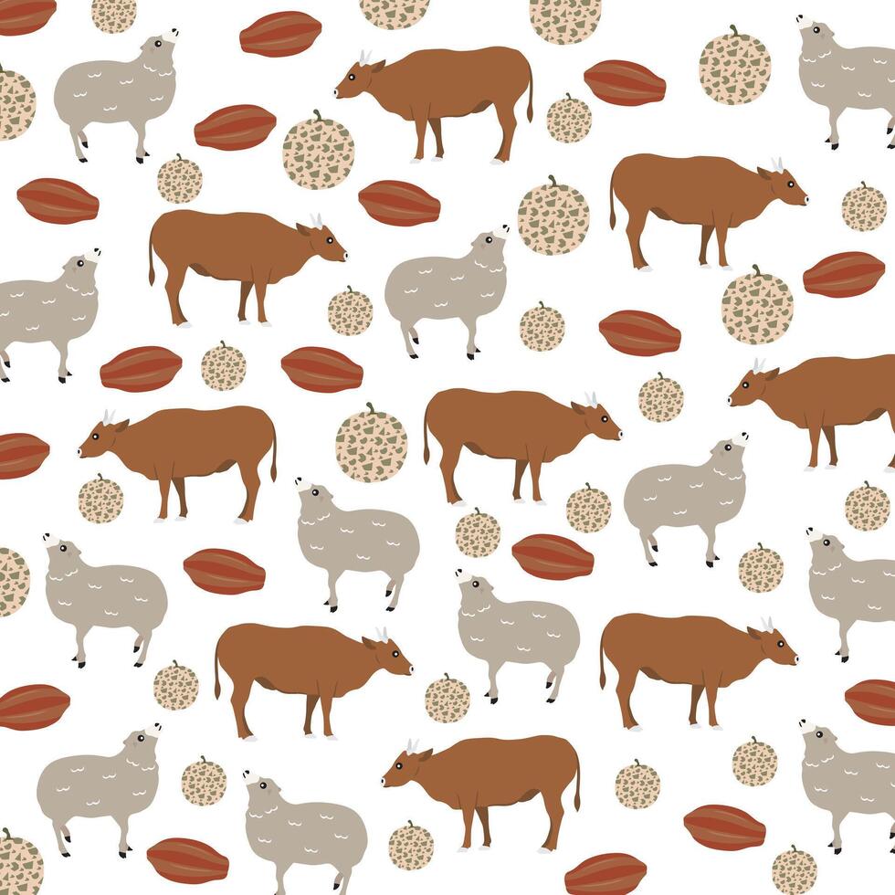 cute sheep, bull with melon and cacao as a pattern background vector