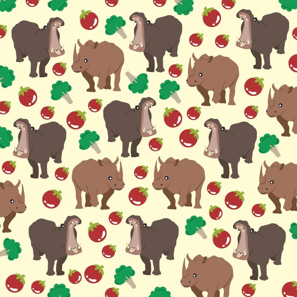 cute hippopotamus, rhinoceros with fruit and vegetables as a pattern background vector