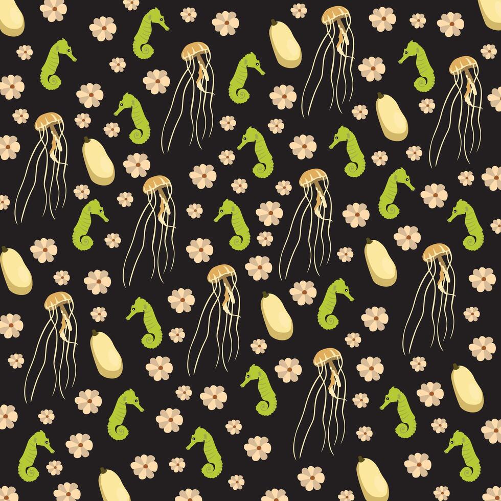 cute seahorses, jellyfish with fruit and flower as a pattern background vector