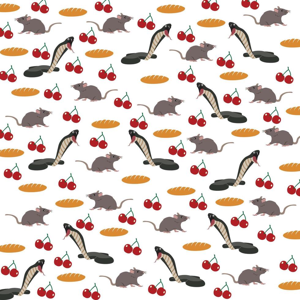 cute rat, snake with cherry and bread as a pattern background vector