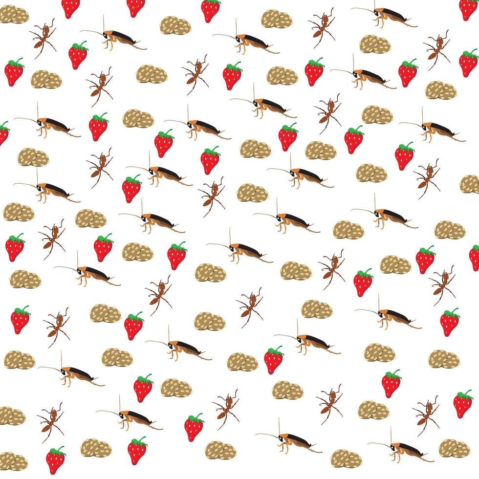 cute cockroach, ant with cookies and strawberry as a pattern background vector