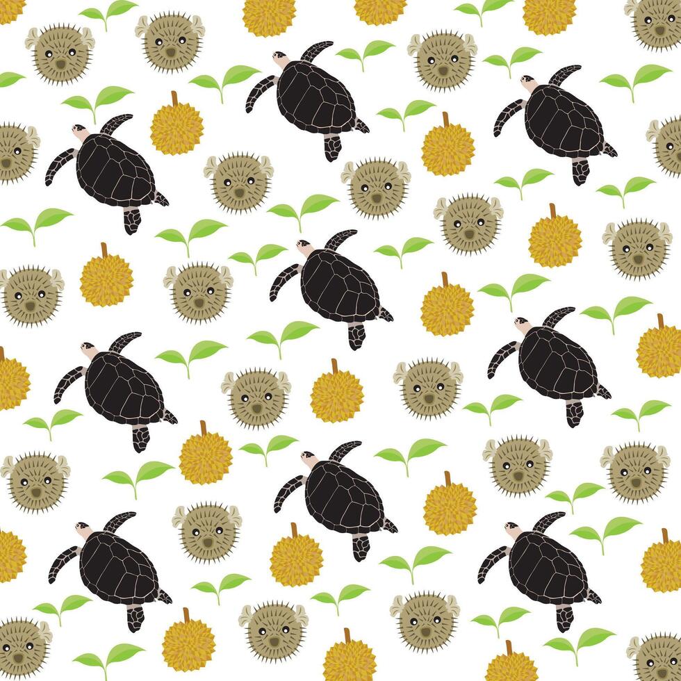 cute puffer fish, turtle with leaf and durian as a pattern background vector