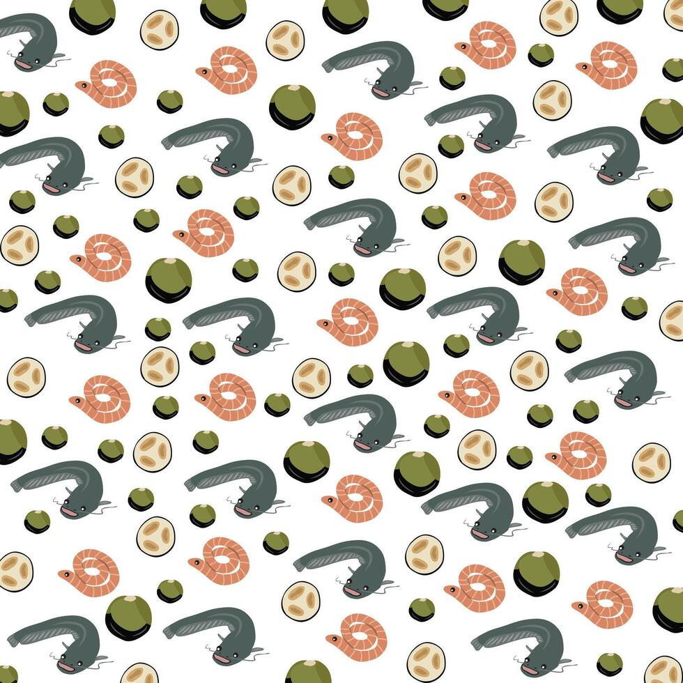 cute catfish, worms with fruit as a pattern background vector