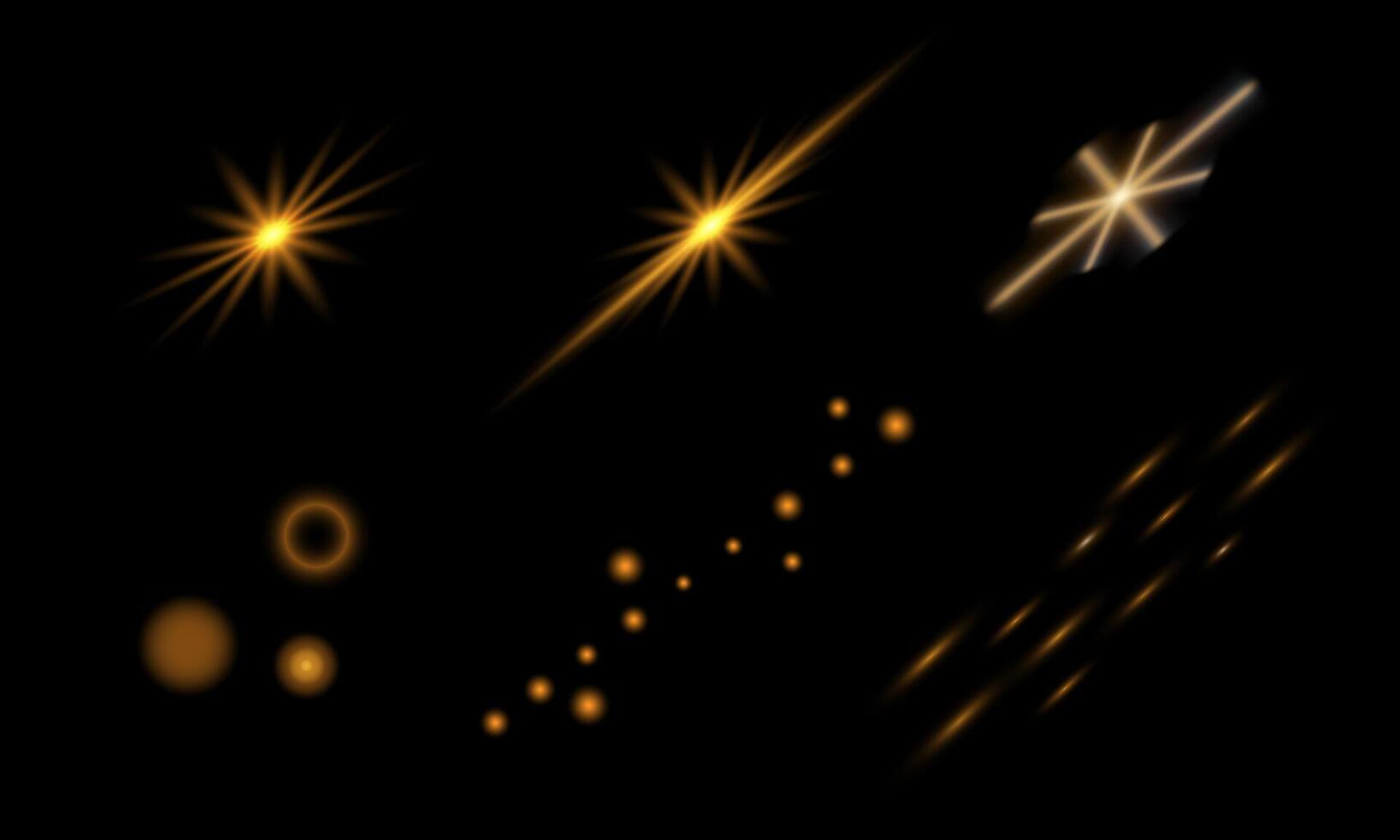 Set Golden Sequins, Glare, Radiance, Light, Glitter. Orange Glowing bright shining effect isolated. Bokeh light effect background. vector
