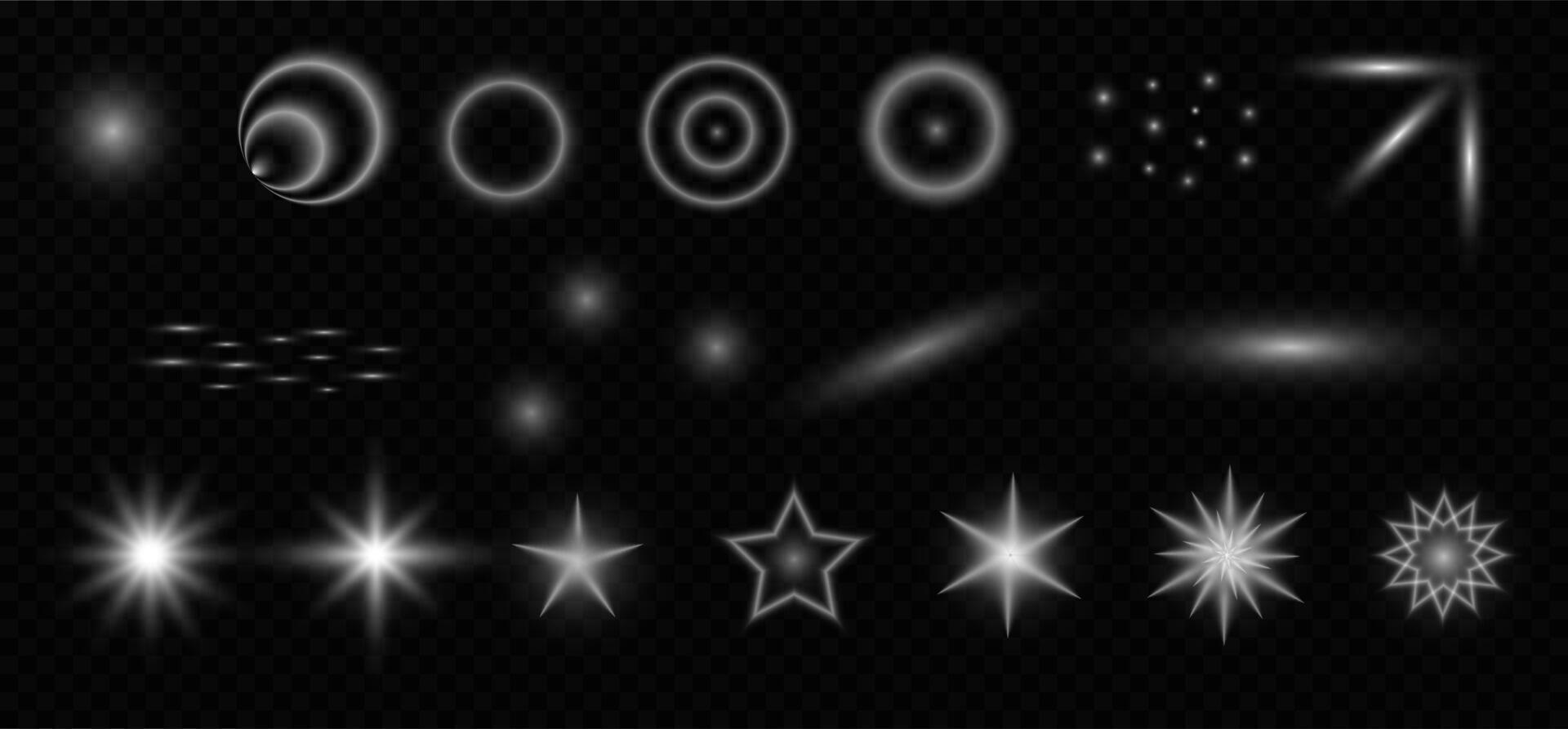 Set light effects circles, stars, abstract space figures. White flares, sparkles. Glittering lights. Radiant effect, glow, line, wave, dots. vector