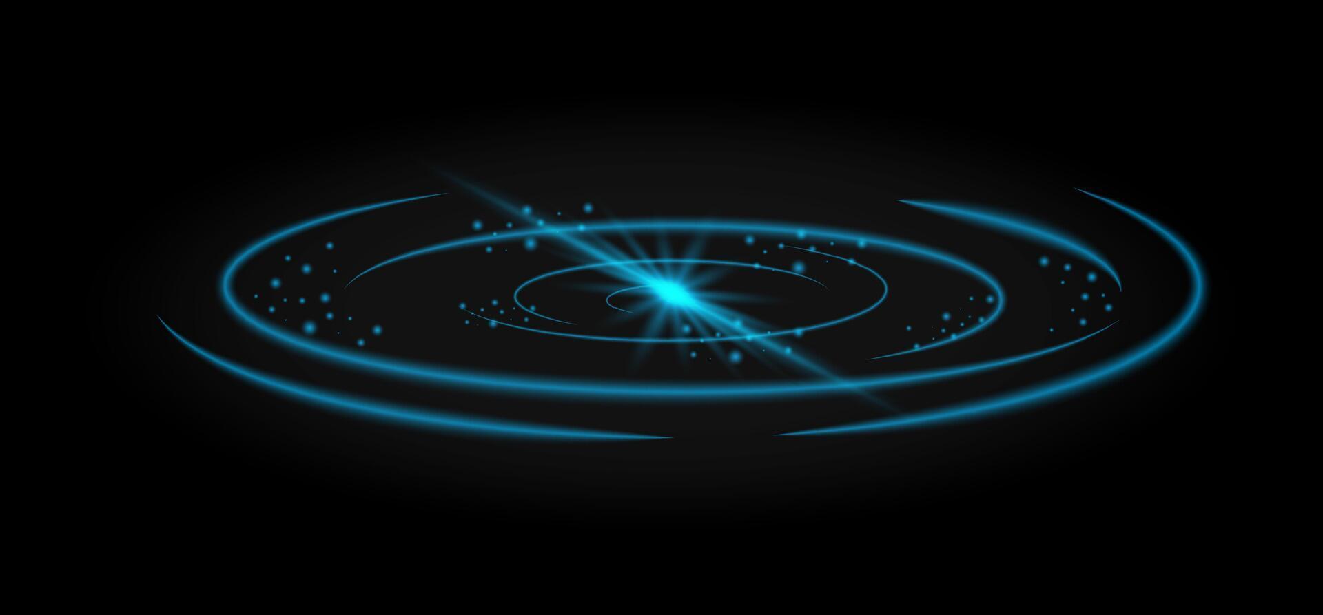 Neon glowing blue circles, stars in center and lines around. Shining light space portal. Fantasy space border. Abstract fantastic background. vector
