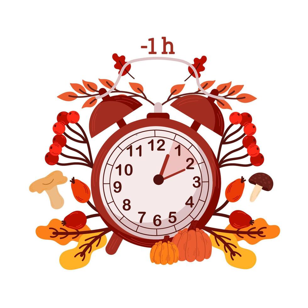 Fall Back, change clock back one hour. Daylight Saving Time.Autumn Fall Back 1 h. vector