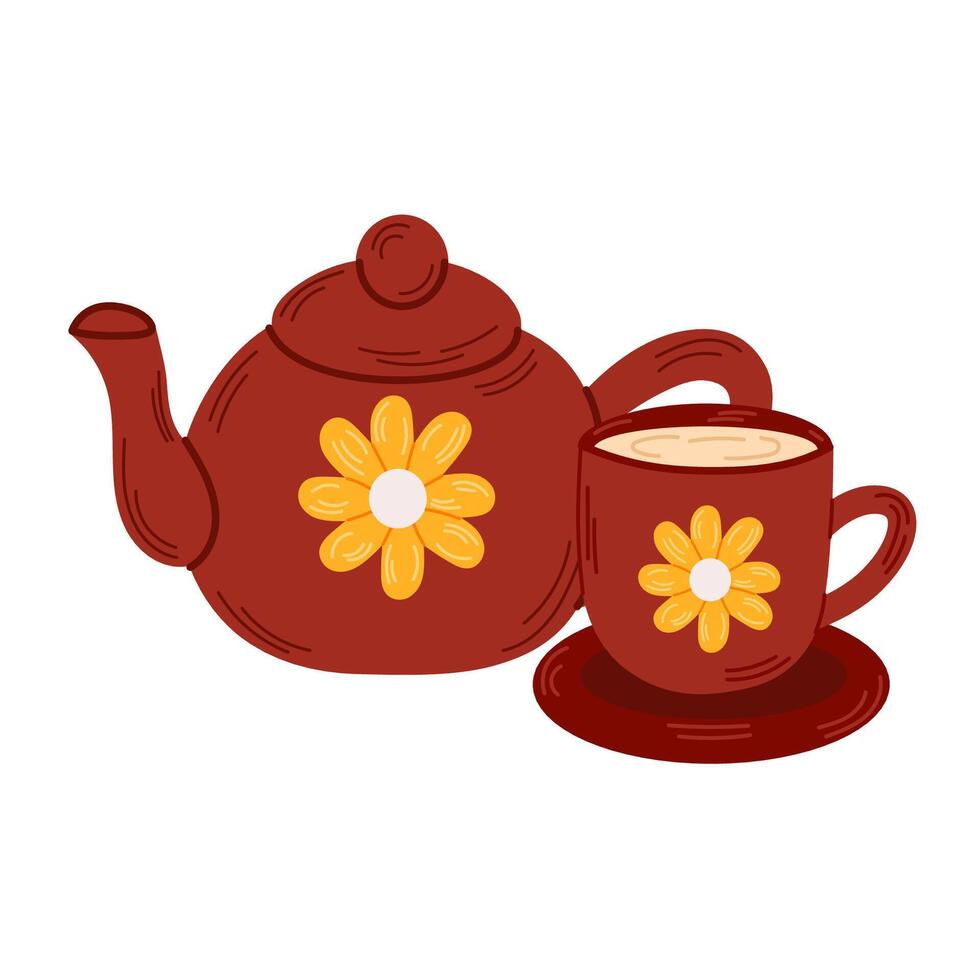 Pouring tea composition with isolated images of teapot with cup .Cozy autumn concept vector