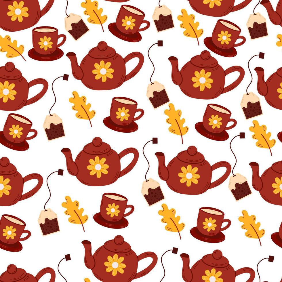 Simple seamless autumn pattern with autumn leaves, rose hips and hot coffee. For wallpaper, gift paper, patterns, background, greeting cards. Fall vector