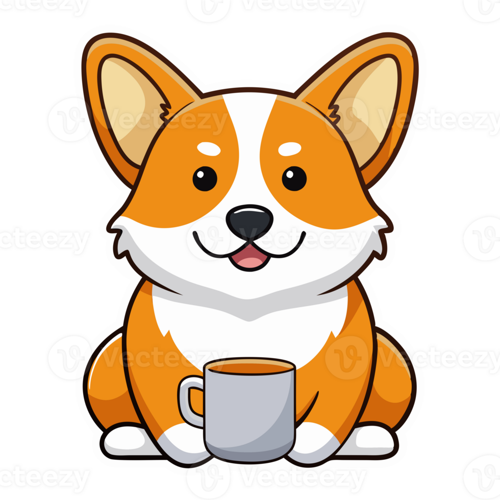 Cute corgi dog character with cup of hot coffee isolated on the transparent background png