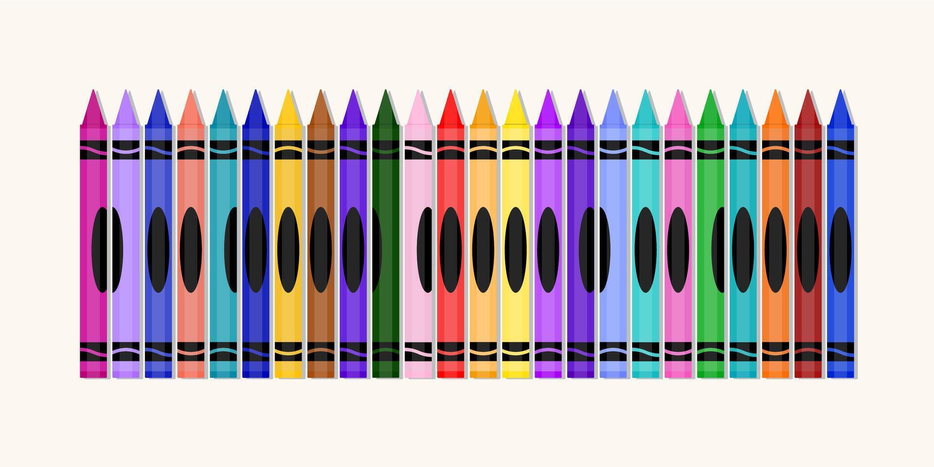 Colorful wax crayon frame illustration. Education School Supply - Black, Indigo, Blue, Turquoise, Teal, Green, Yellow, Orange, Red, Pink, Purple, Brown, and Gray Crayons Isolated vector