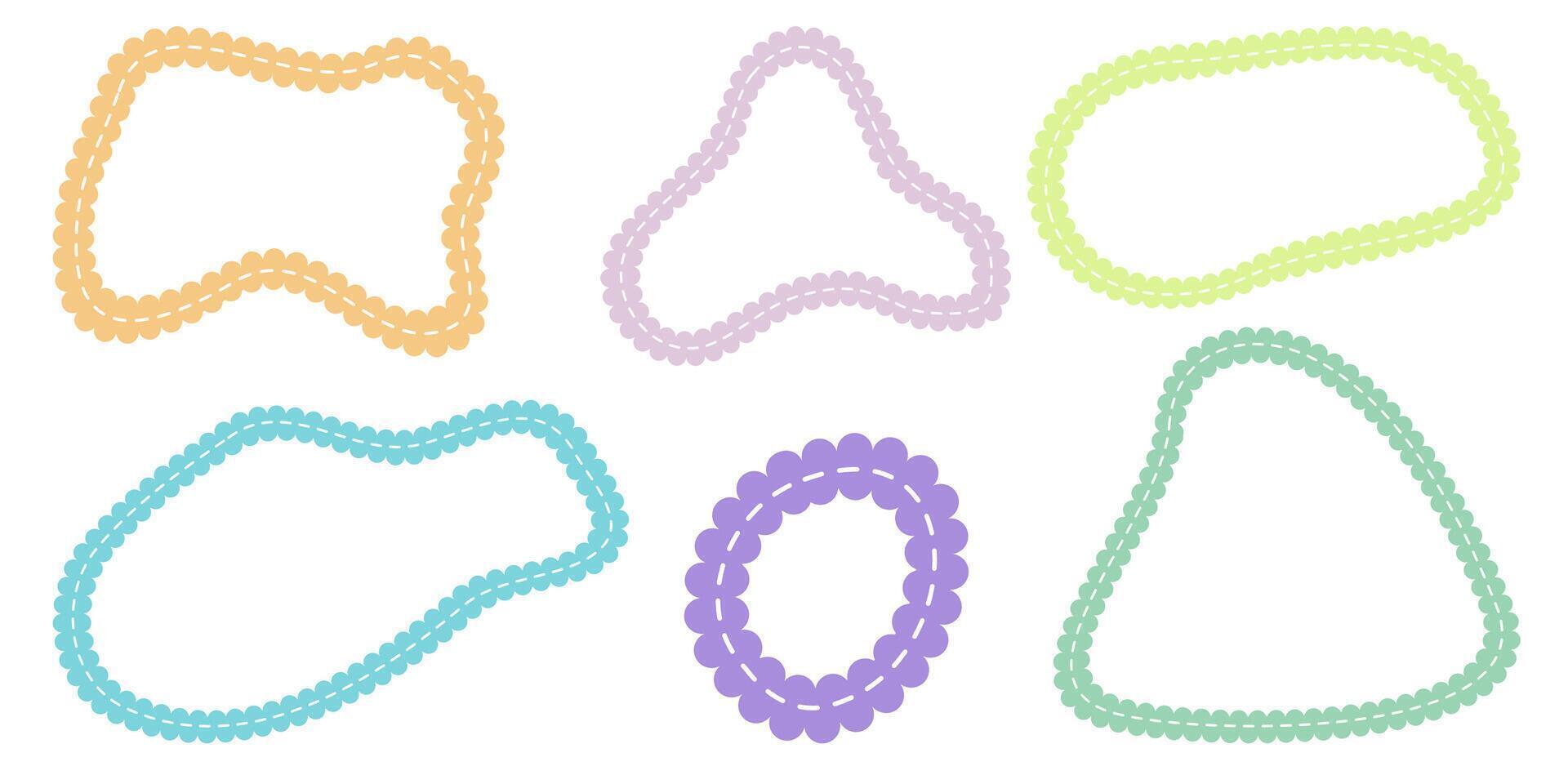 Hand drawn scalloped frames with dashed stitches. vector