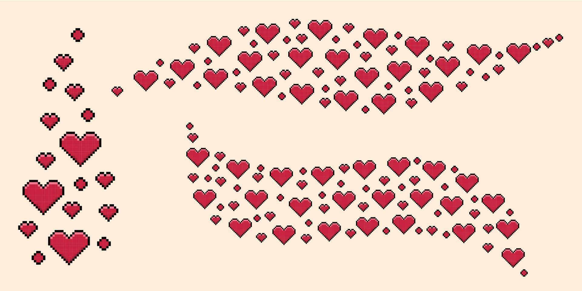 Set of pixel art heart swoosh. 8-bit y2k retro style illustration. vector