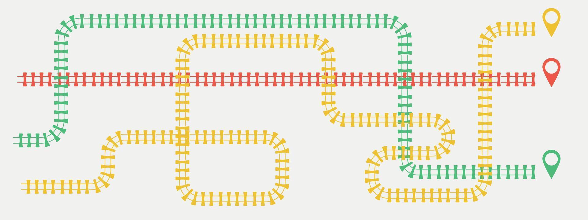 Railroad infographic with 3 track options. Red, yellow, green. Train or subway track map. illustration on white background vector