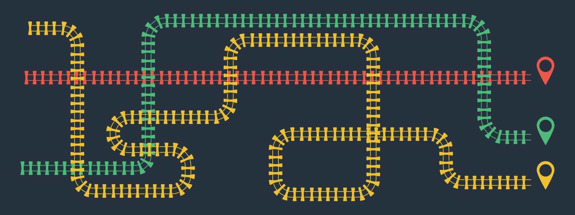Railroad infographic with 3 track options. Red, yellow, green. Train or subway track map. illustration on black background vector