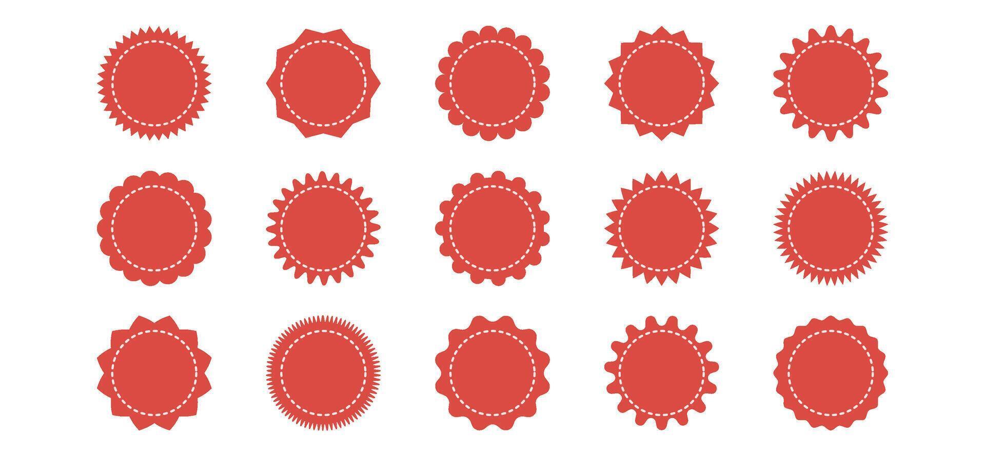 Set of red sunburst stickers. Price tags with zig zag, scallop, wavy edges. Kit of badges, stamps, labels, speech bubbles isolated on white background. vector