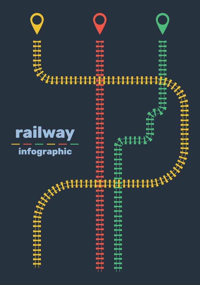 Railroad infographic with 3 track options. Red, yellow, green. Train or subway track map. illustration on black background vector