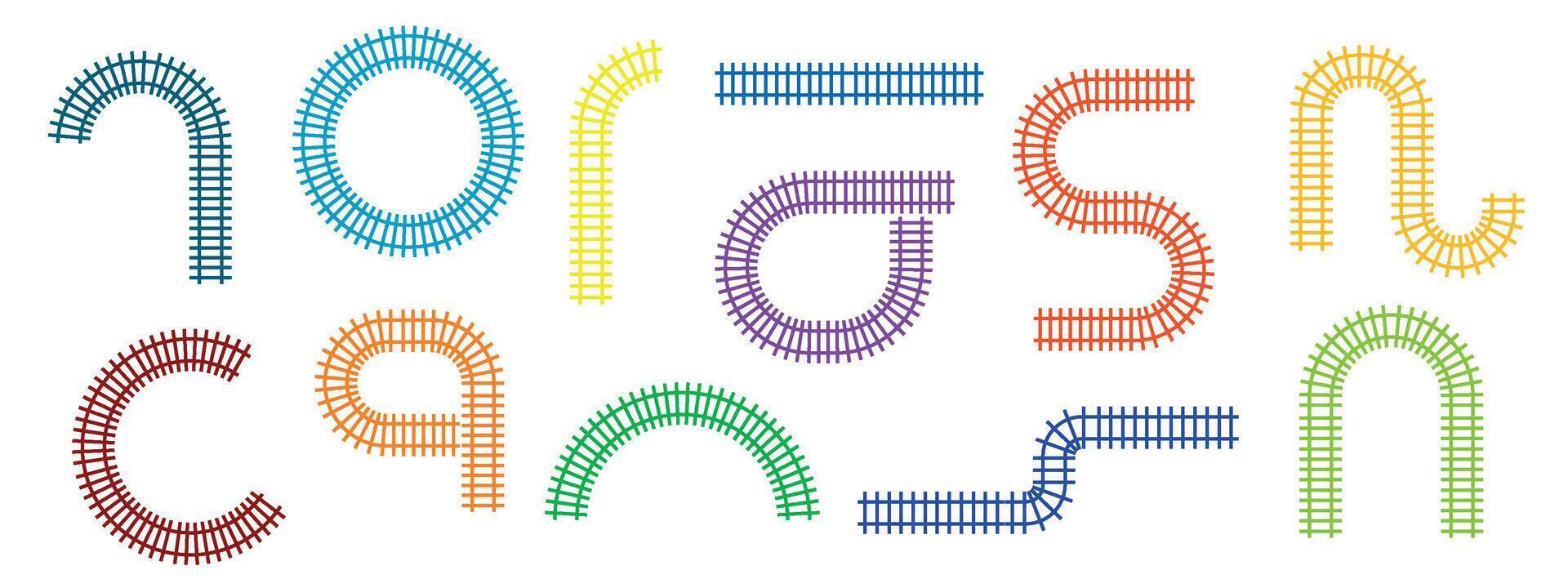 Railway train track different colors illustration isolated on white background. Rail pattern round circular curve railroad path icon vector